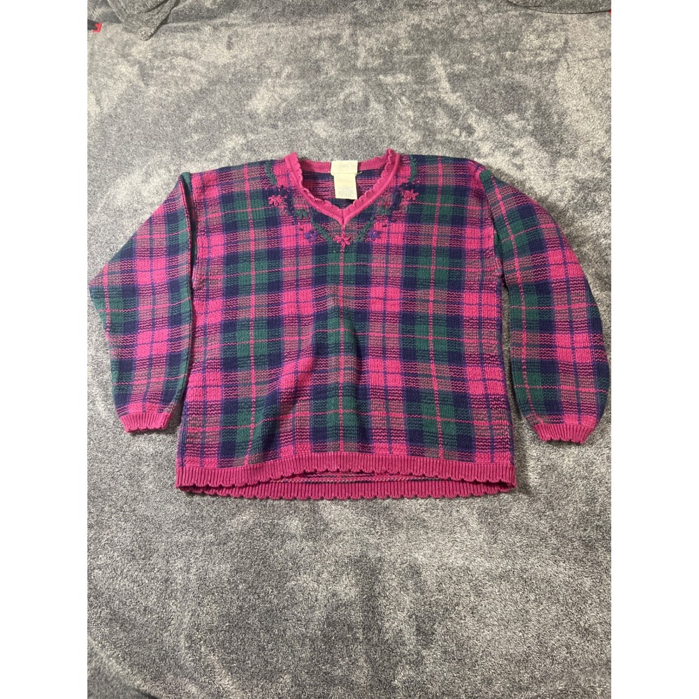 Northern Reflections Vintage Pink Green Plaid Embroidered Cotton Sweater Large